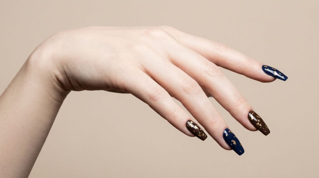 Long coffin nails in dark blue and brown with gold leaf flecks on an 18-year-old hand with white skin.