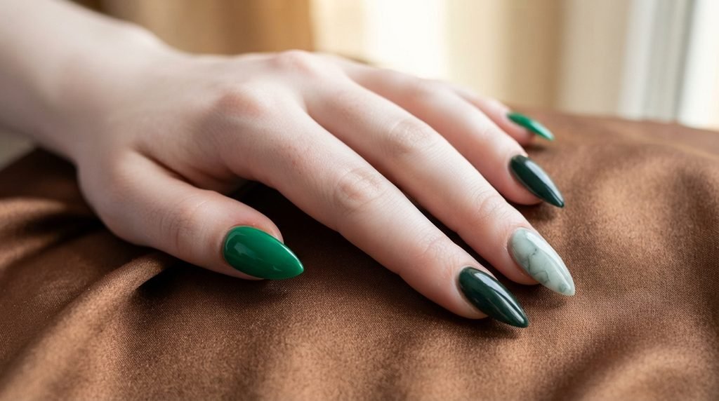 Eighteen year old fair hand showing a comparison of emerald, forest, and jade green stiletto nails on bronze satin.