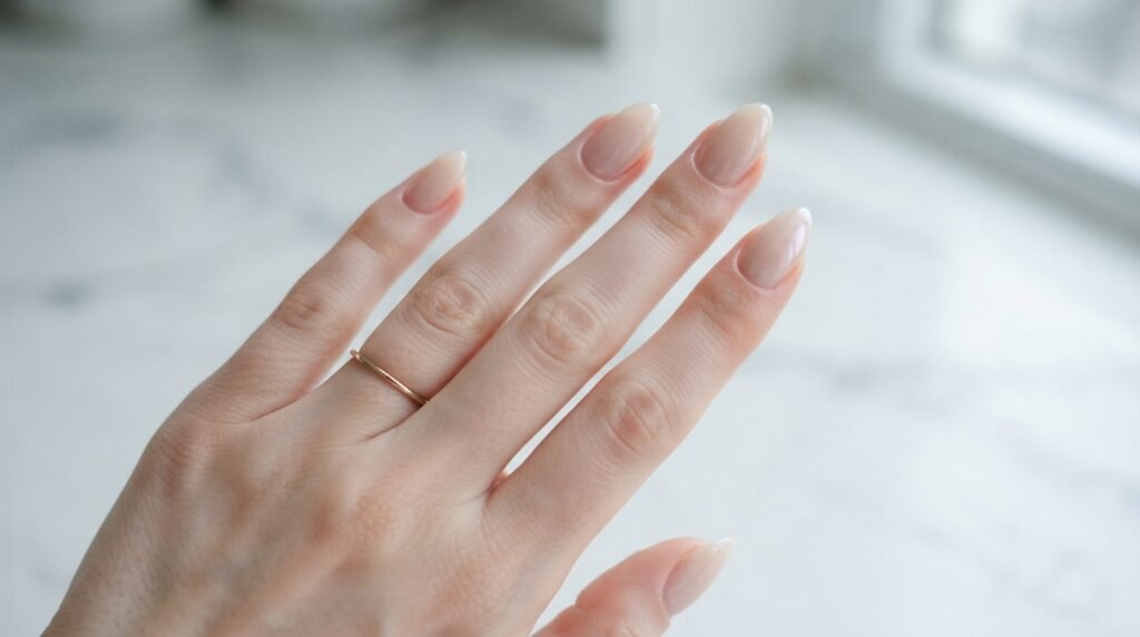 Minimalist hand featuring ultra-sheer, clean glazed nude almond nails against a light marble background.