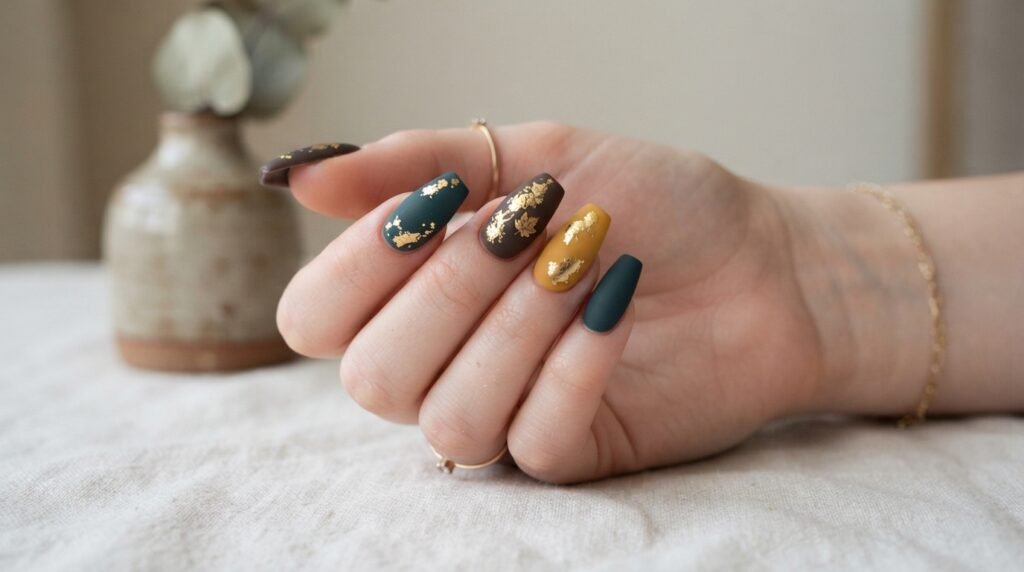 Full hand with 5 coffin-shaped mismatched fall nails on light skin.