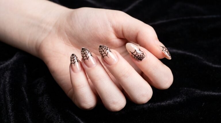 Close up of an eighteen year old female hand with very white skin wearing nude almond nails with black spiderweb art.