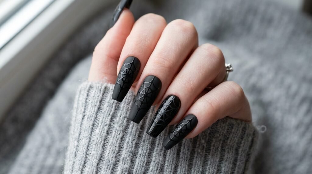 Manicure comparing matte black nail polish with glossy gel spiderweb overlays