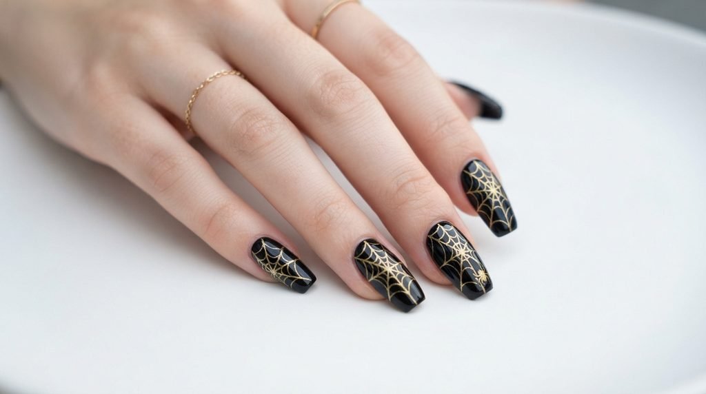 Detailed gold spiderweb nail art on a black coffin nail on an 18-year-old white hand resting on white ceramic.