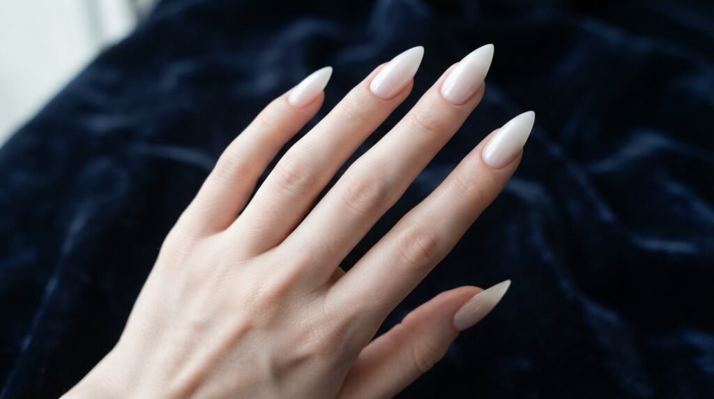 Long stiletto-shaped nails with a milky white glaze finish displayed against navy velvet fabric.