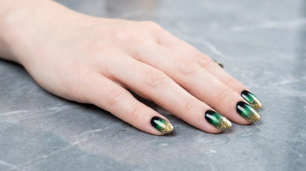 Oval nails displaying a tri-color gradient blend of jet black, deep emerald green, and gold glitter.