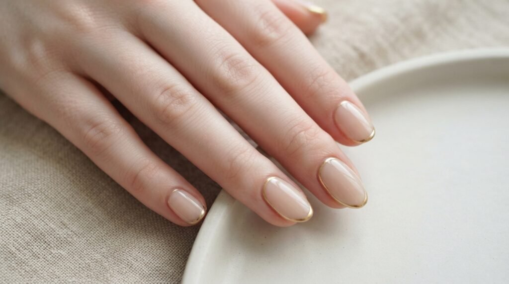 Comparative view of almond and short squoval nails on very white skin, both featuring sheer nude polish and minimalist gold accents.