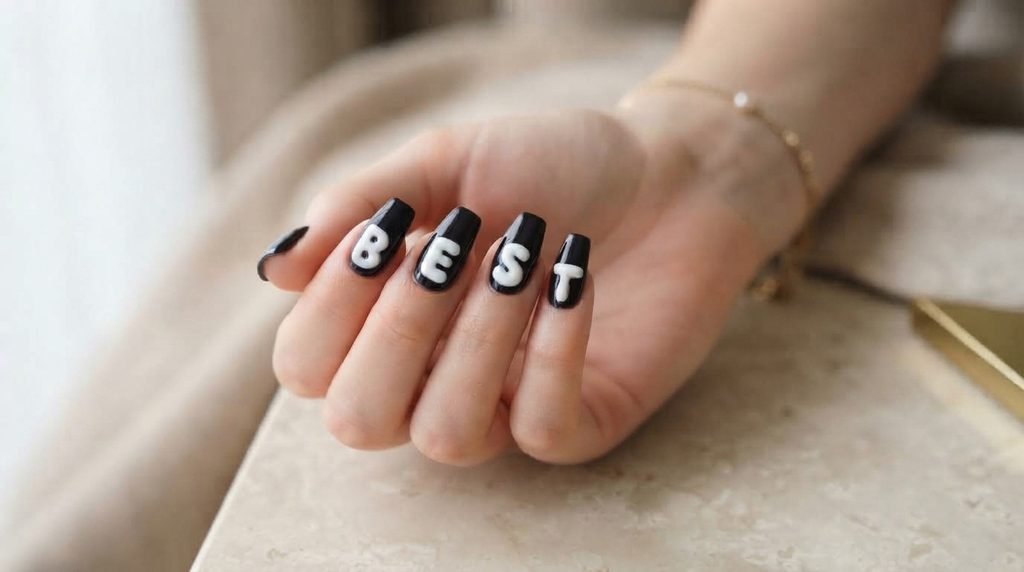 Short square nails with white bubble letters painted on a dark background on fair skin.
