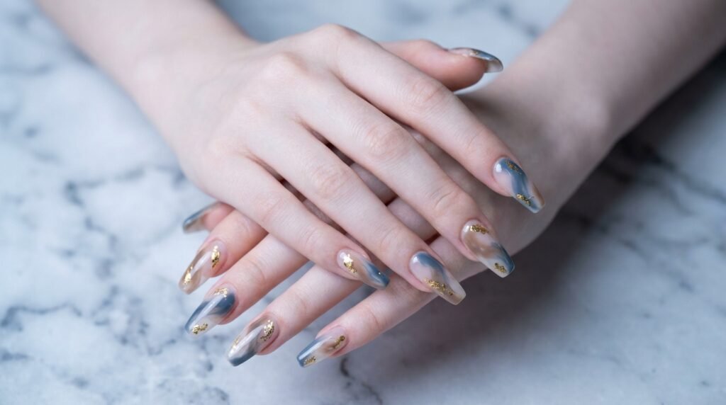 Long coffin nails featuring abstract slate blue and brown swirls with gold foil flecks on an 18-year-old female hand with white skin.