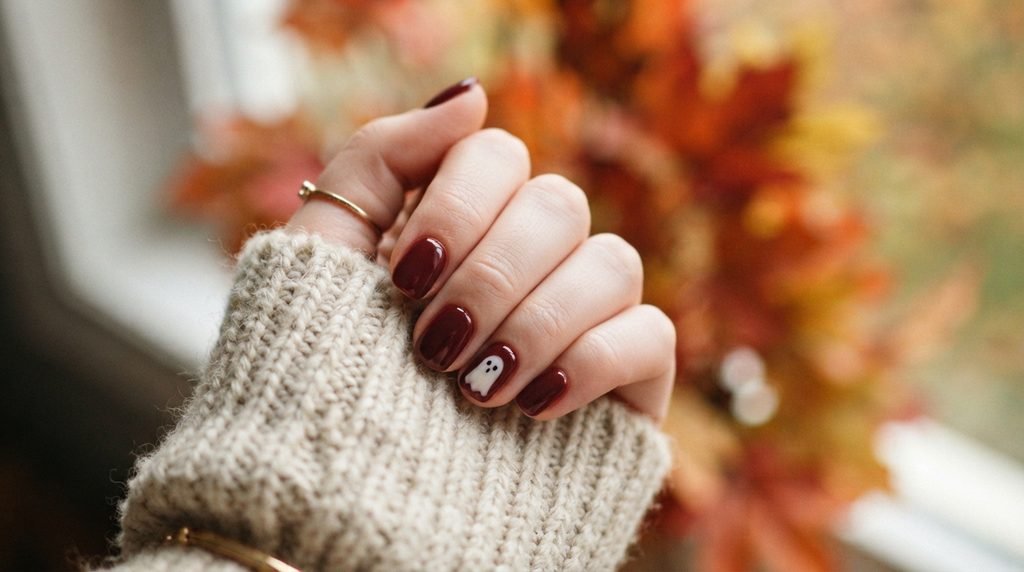 A cozy close-up shot of an 18-year-old hand with the finished burgundy and gold manicure. The hand rests on a soft, textured oatmeal knit sweater, with blurred autumn leaves in the background. Natural light.