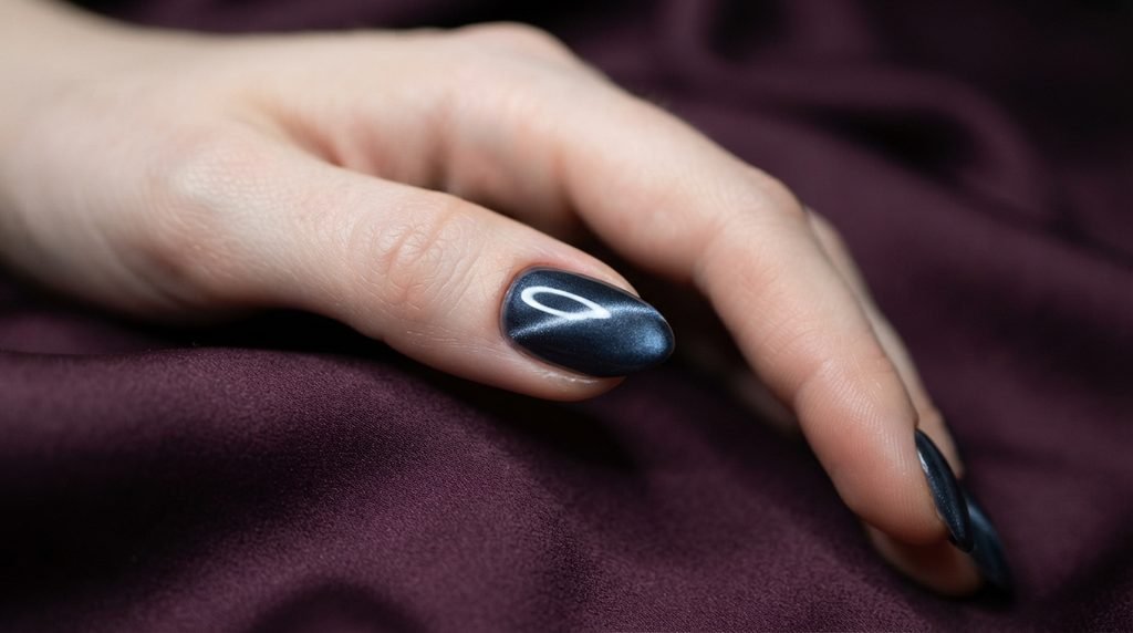 Cuticle oil application on an eighteen-year-old female hand with very white skin against a dark slate stone slab.