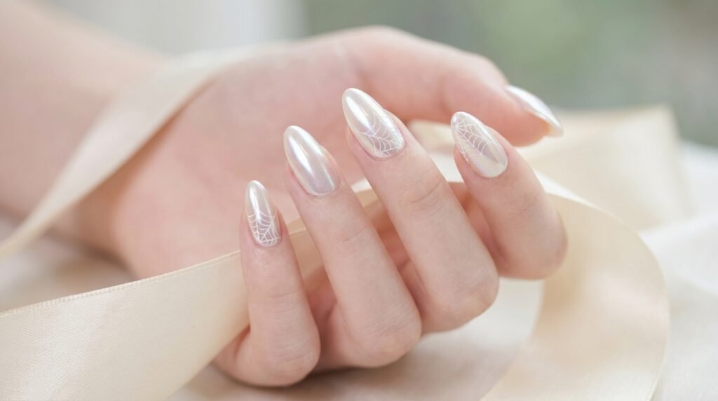 Glazed pearl chrome almond nails with delicate white spiderwebs on eighteen year old female hand.