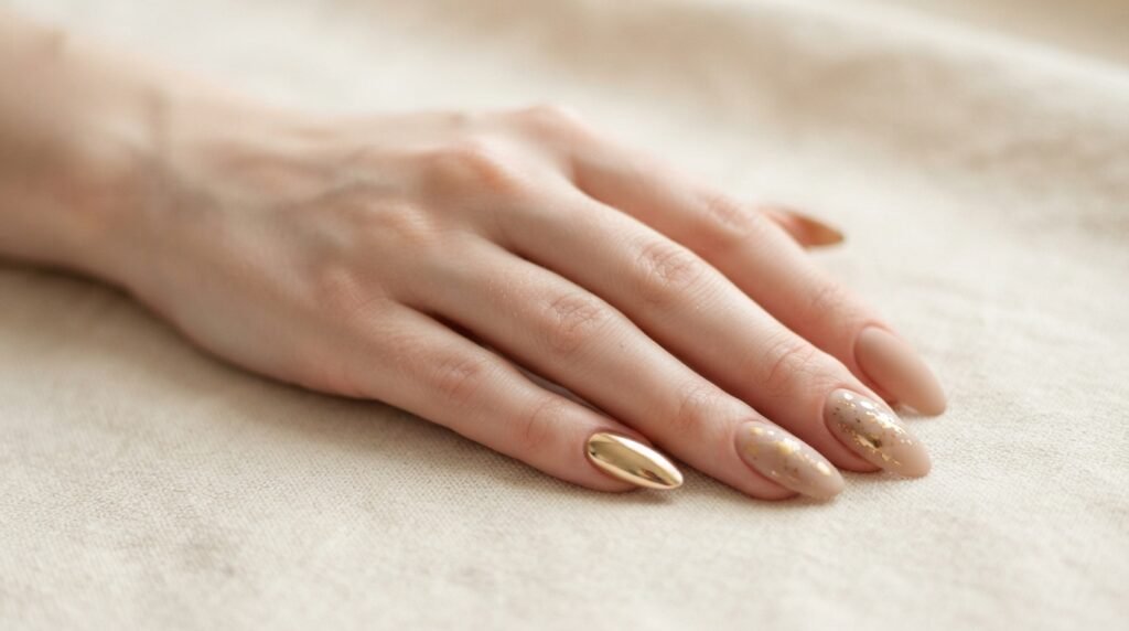 An 18-year-old female hand with very white skin displaying almond nails with a mix of matte nude and reflective gold chrome.