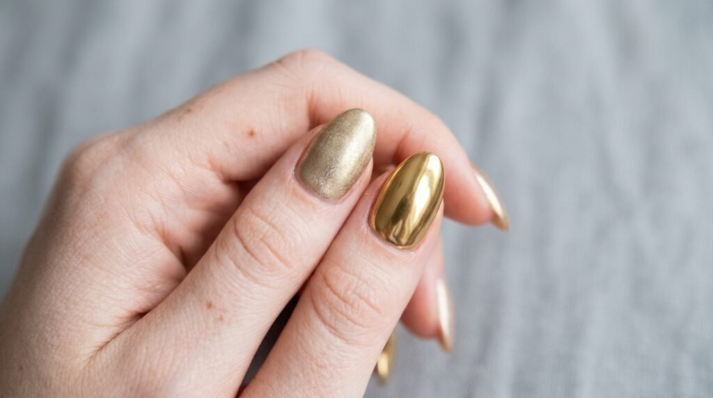 An 18-year-old female hand with very white skin tone showing side-by-side comparison of cloudy vs mirror gold chrome nail art.