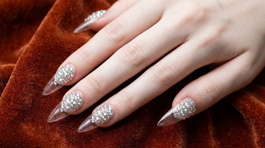 Apply cuticle oil to a fair-skinned eighteen year old hand with sharp emerald green stiletto nails over mustard linen.