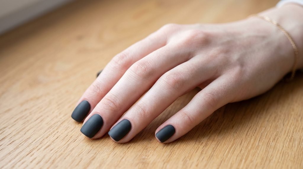 Dark charcoal nails with a soft velvety matte top coat finish on a white hand.