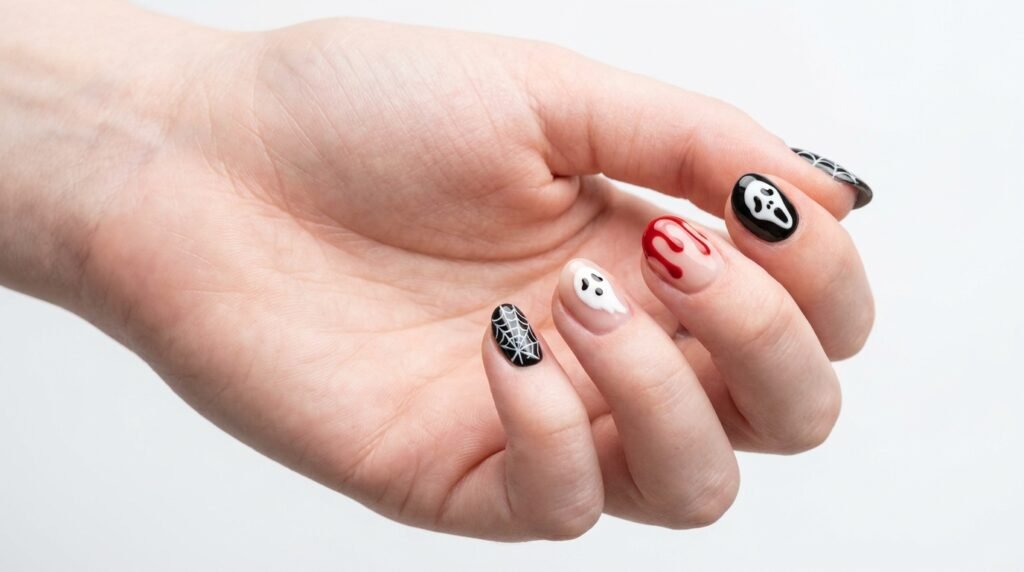 Mismatched Halloween nail art featuring spiderwebs and ghost masks on a fair eighteen year old hand.