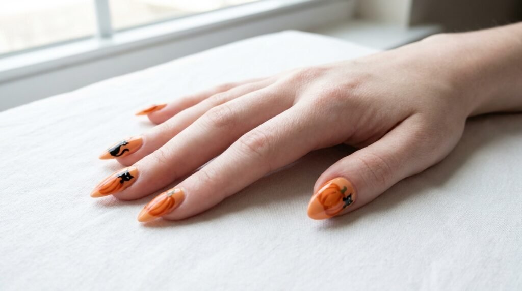 Long almond nails featuring pumpkin and black cat art on an 18-year-old female hand with white skin.