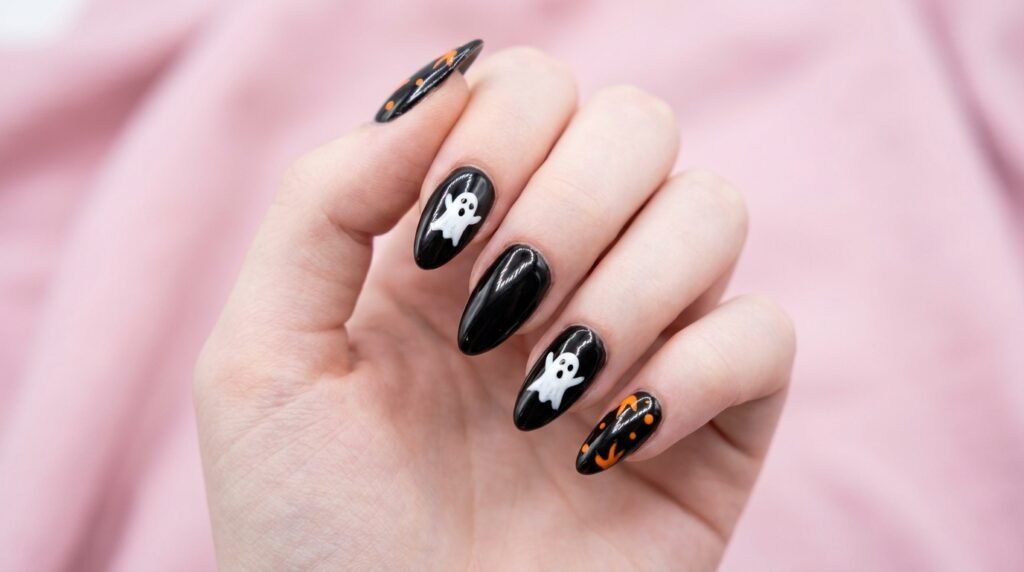 High-contrast white ghost art on black long almond nails worn by an 18-year-old female with white skin.