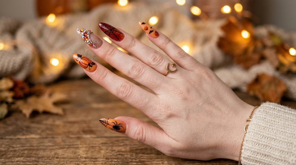 Side-angle shot of long almond Halloween nails on an 18-year-old female hand with very white skin against amber lights.