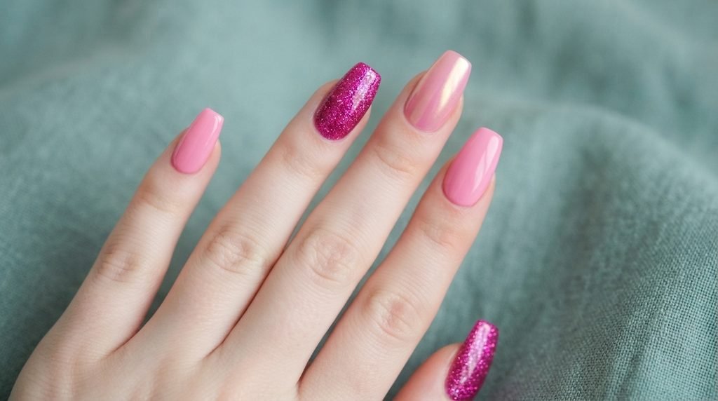 Close-up photograph of an 18-year-old female hand with smooth, very white skin, displaying diverse medium-length coffin nails with hot pink chrome accent, bubblegum cream, and magenta sparkle finishes, representing different event suitability, posed against a soft muted teal linen background.