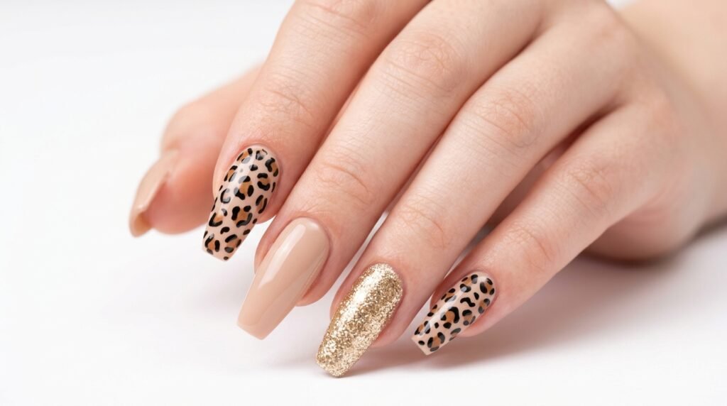 Macro view of 18-year-old hand with very white skin showcasing balanced leopard and gold glitter coffin nails.