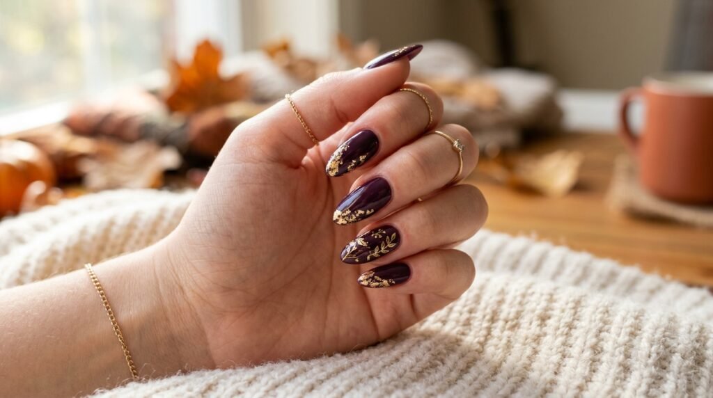 Deep plum and gold foil manicured almond nails suitable for fall transition.