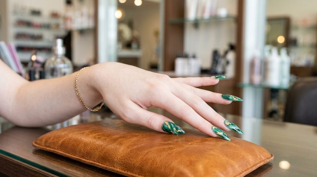 Flawless emerald marble stiletto nails with gold foil on an eighteen year old fair hand resting on a cognac leather pad