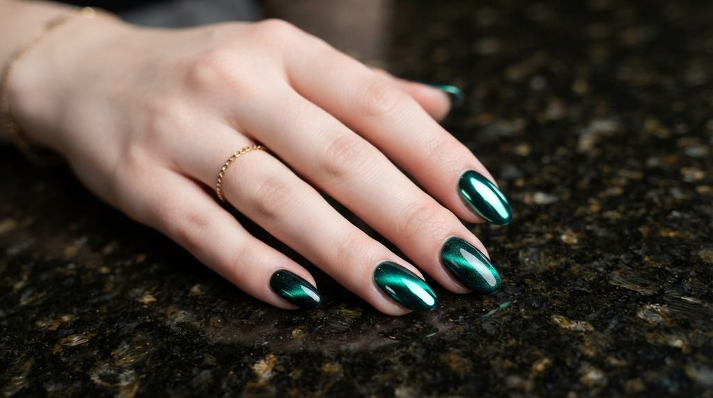 Side-by-side nail finish comparison on a female hand with very white skin against dark granite.