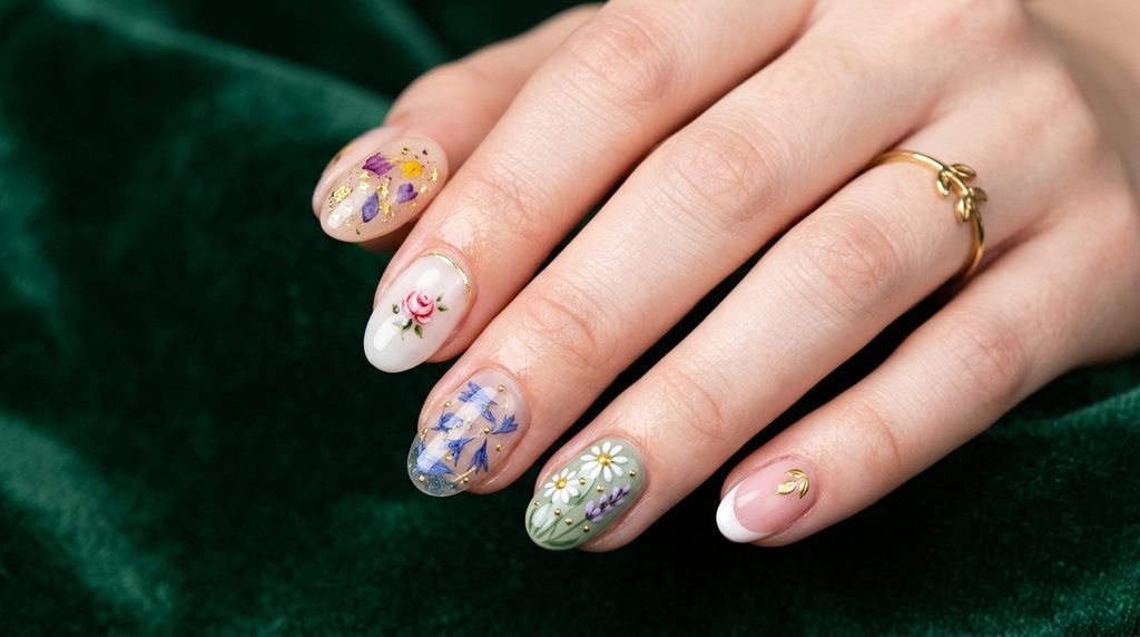 Flawless salon-fresh mismatched pastel French nails with flowers on a female hand with white skin.