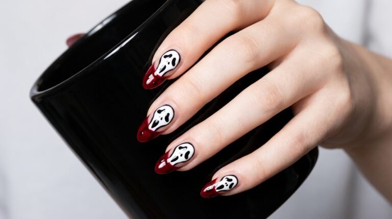 Close up of an eighteen year old hand with very white skin showing almond nails with ghost mask nail art and red blood drips.