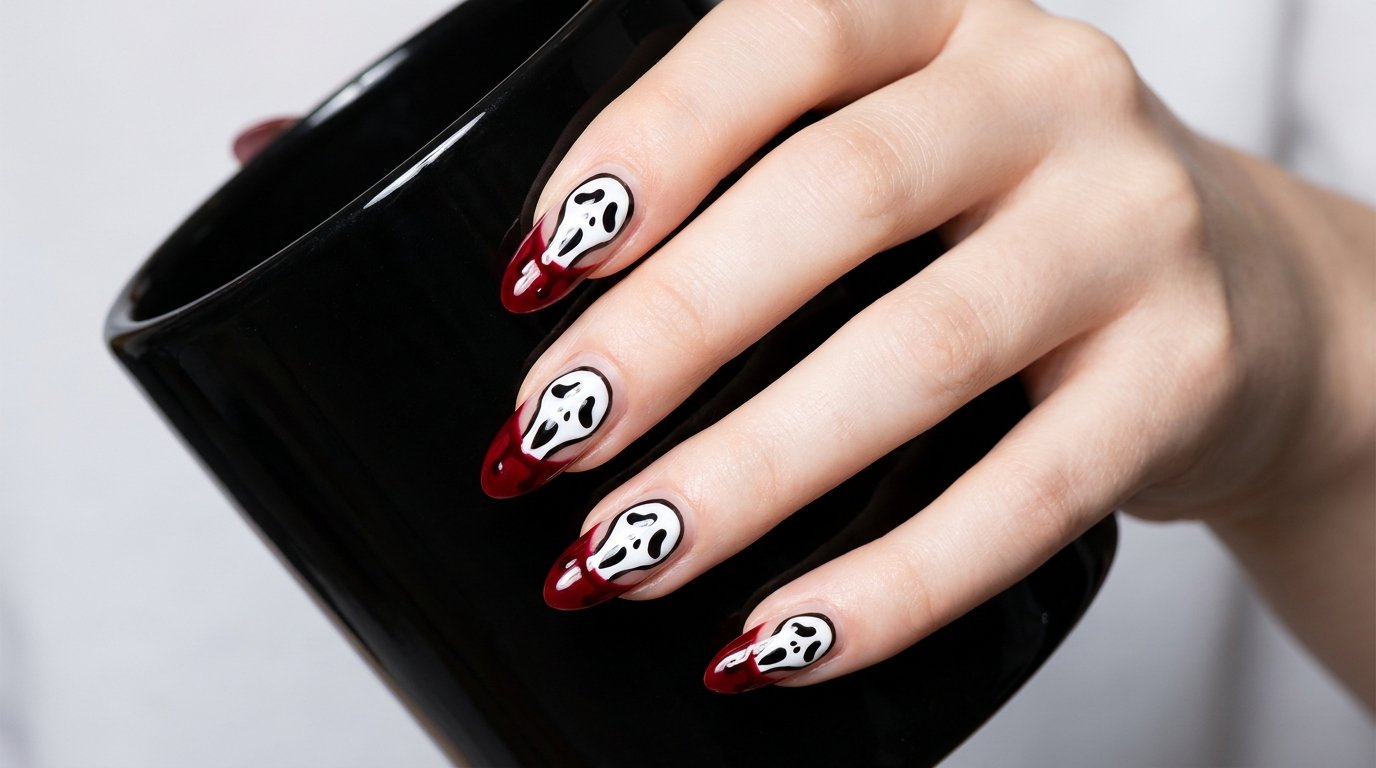Close up of an eighteen year old hand with very white skin showing almond nails with ghost mask nail art and red blood drips.