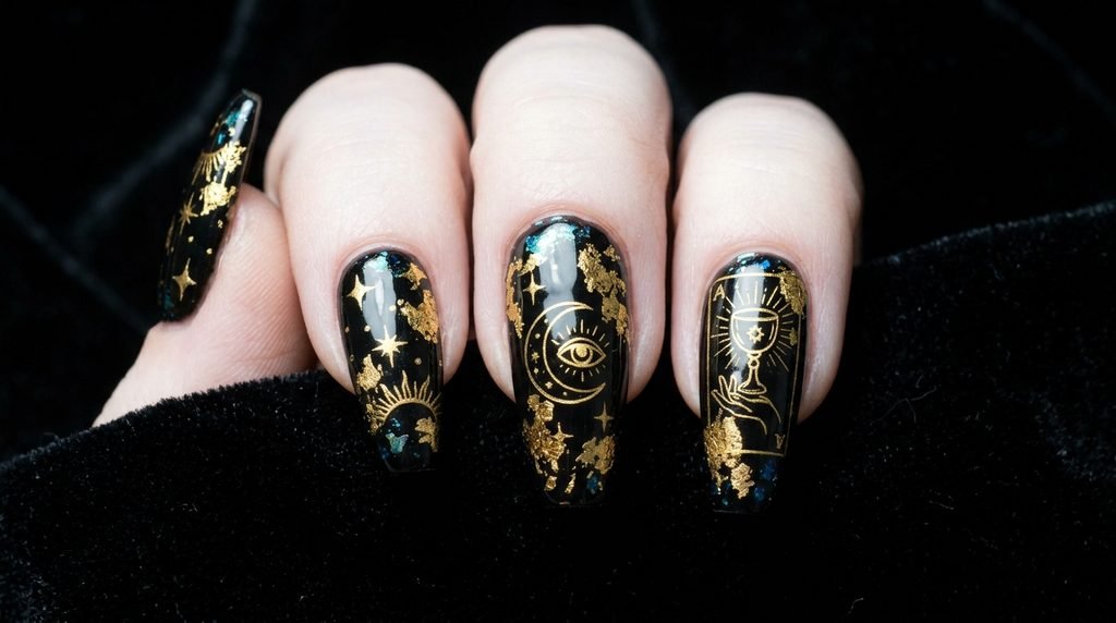 A detailed tight close-up of long coffin black nails with layered gold foil, fine linear gold tarot designs, and iridescent flakes.