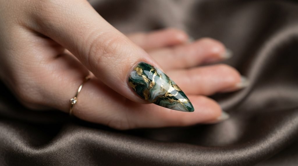 Macro view of an eighteen year old fair-skinned finger with a stiletto nail featuring green and white marble with gold foil against champagne satin.