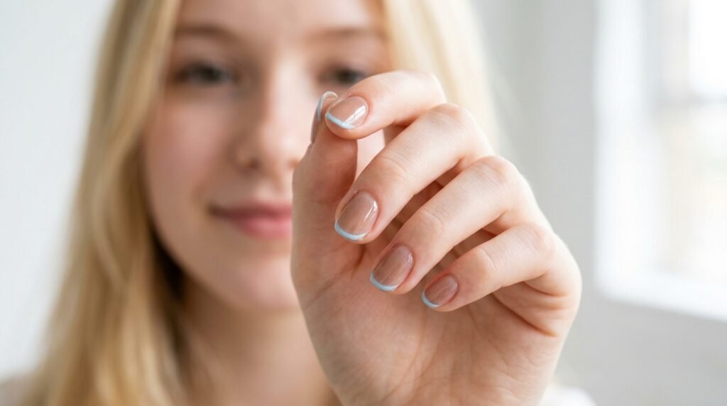 Short round glazed nude brown nails with thin ice blue tips on an 18-year-old hand with white skin.