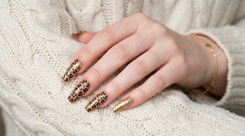 Female hand age 18 with white skin showing long leopard print coffin nails resting on a sweater.