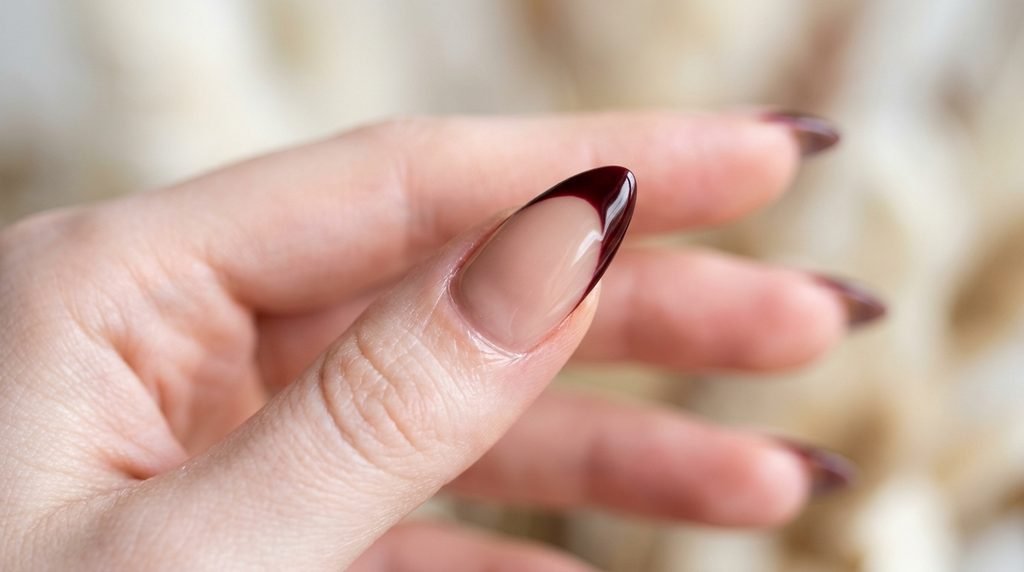 A macro shot focusing on the pointed cathedral arch shape of an oxblood French tip on an almond-shaped nail