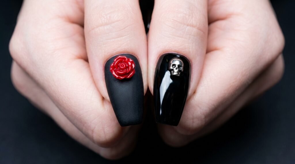 Texture comparison between matte black gel and glossy 3D rose nail embellishments on white skin.