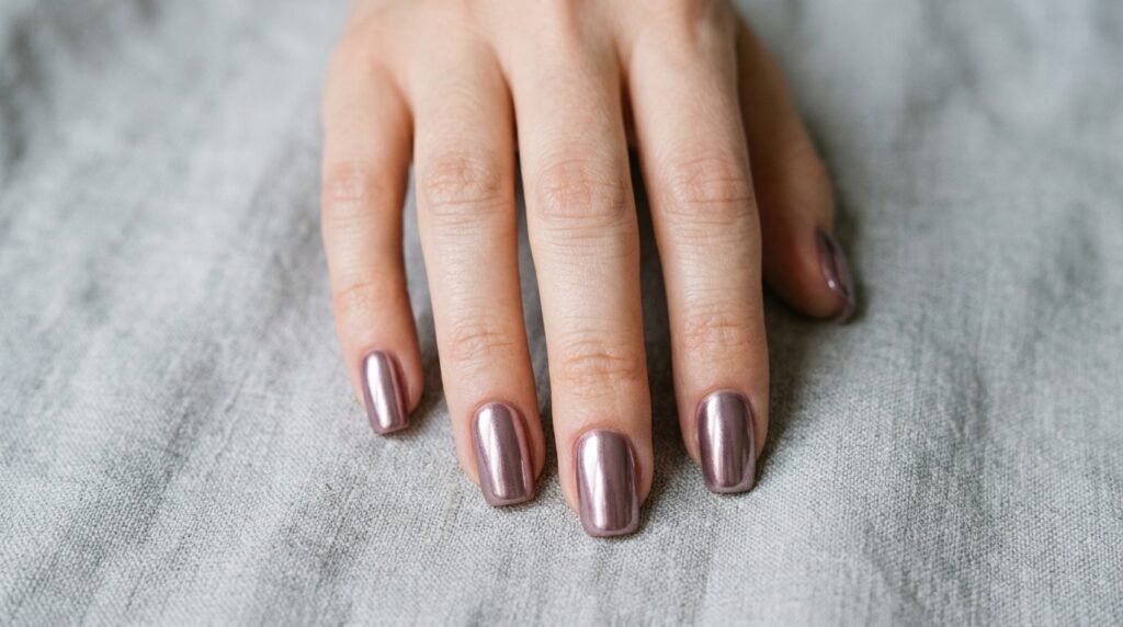 Squoval shaped mauve chrome nails displayed on an 18-year-old female hand with smooth pale skin against gray linen.