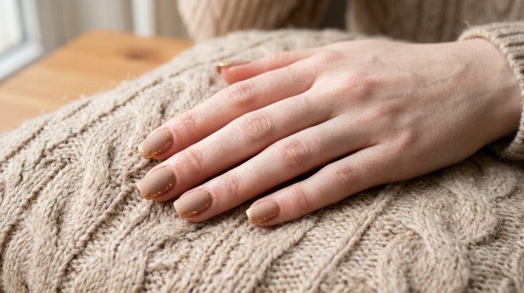 An 18-year-old female hand with very white skin displaying short square nails with delicate gold splatter accents.