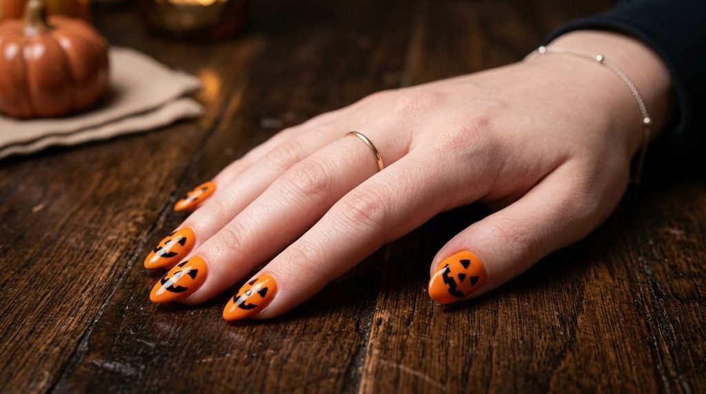 Close-up of a painted black jack-o'-lantern face on an orange almond nail on an 18-year-old female hand with very white skin.