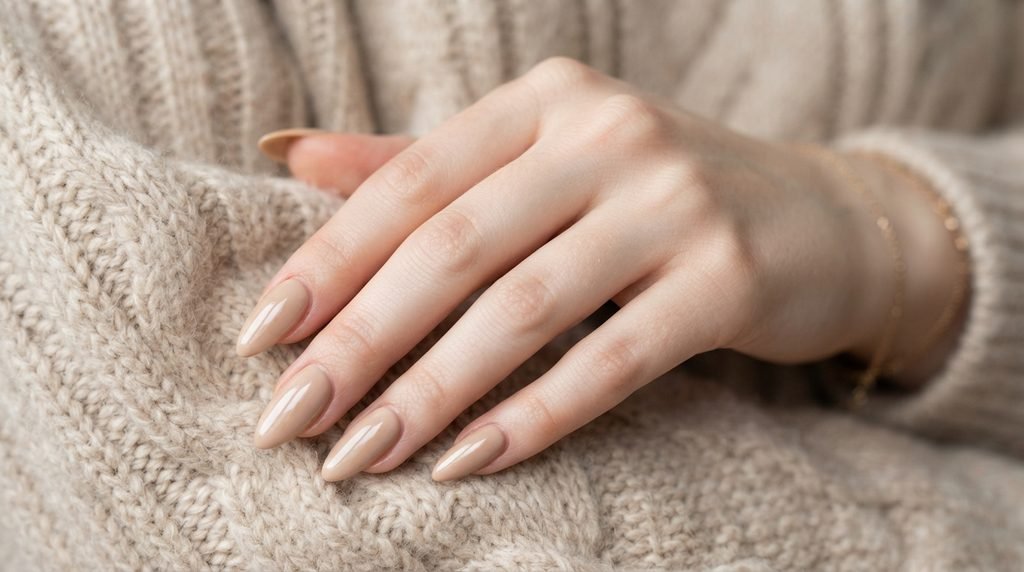 Long champagne beige almond nails laid against a beige knitted sweater