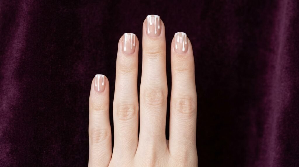Nude short nails on a white skin hand featuring vertical dripping ghost art to lengthen the nail bed.