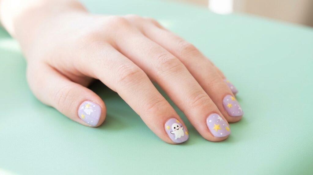 Pastel lavender short nails on an 18-year-old white hand decorated with small stars and a smiling ghost.
