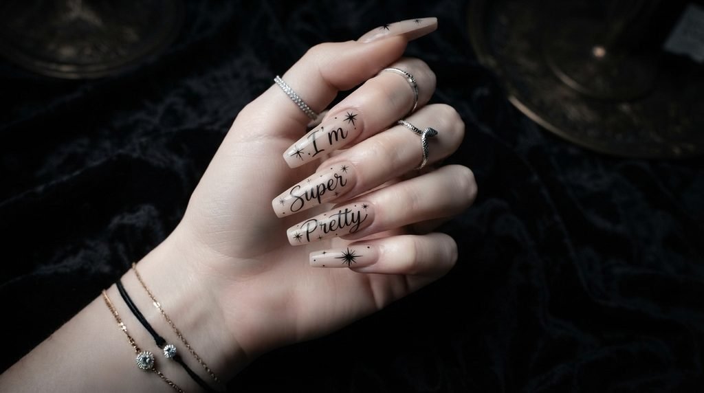 Long coffin acrylic nails with white cursive phrases on a black base held by a white hand.