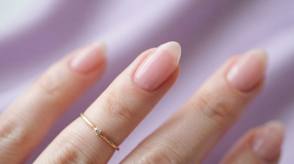 Tight close-up of a single finger showcasing a flawless application of sheer pink polish on an almond nail.