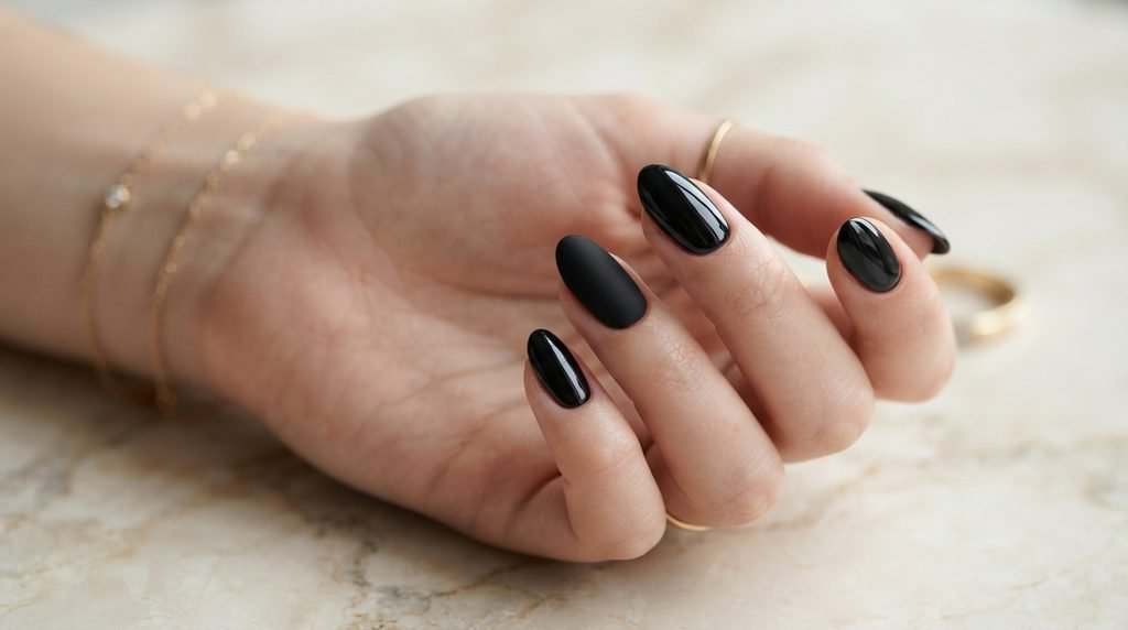 Female hand with pale skin showing a mix of glossy and matte black nail art finishes.
