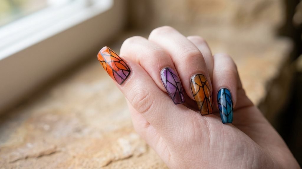 Close-up photograph of an 18-year-old female hand with very white skin showing the luminous, transparent quality of jelly gel polish on coffin-shaped stained glass halloween nails.