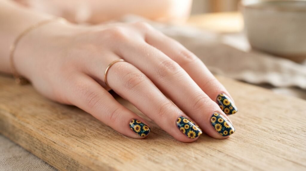 Short almond nails featuring an all-over ditsy yellow sunflower pattern over a matte blue background.