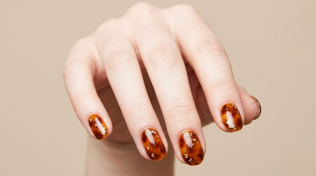 Close-up of 18-year-old female hand with white skin presenting tortoiseshell round nails filled with floating gold leaf.