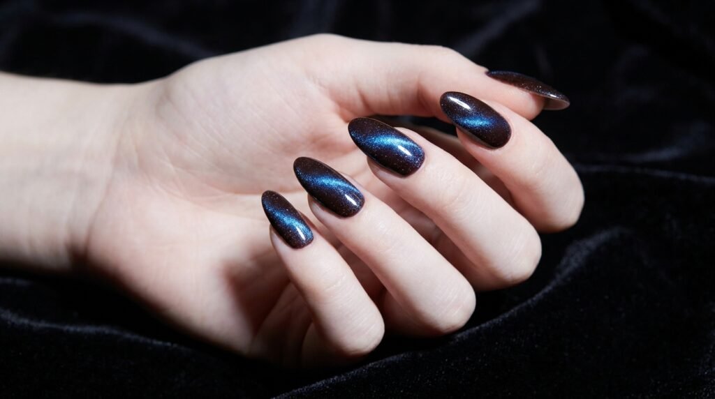 Long almond magnetic gel nails on an 18-year-old female hand with white skin, showing a shifting blue cat-eye effect over a velvet brown base.
